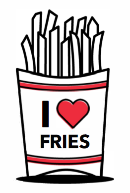 I love fries graphic with words on a fry container and french fries popping out the top