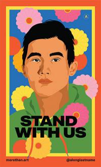 stand with us graphic of young man in hoodie in front of flowers