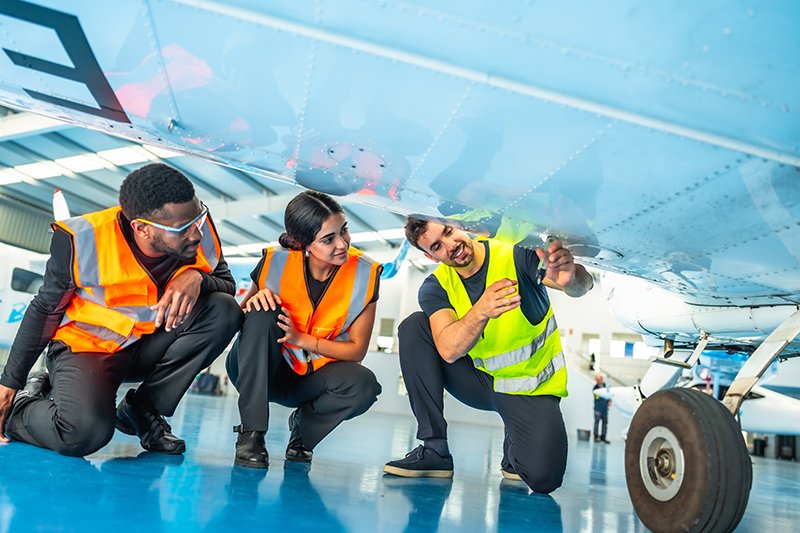 students under an airplane wing