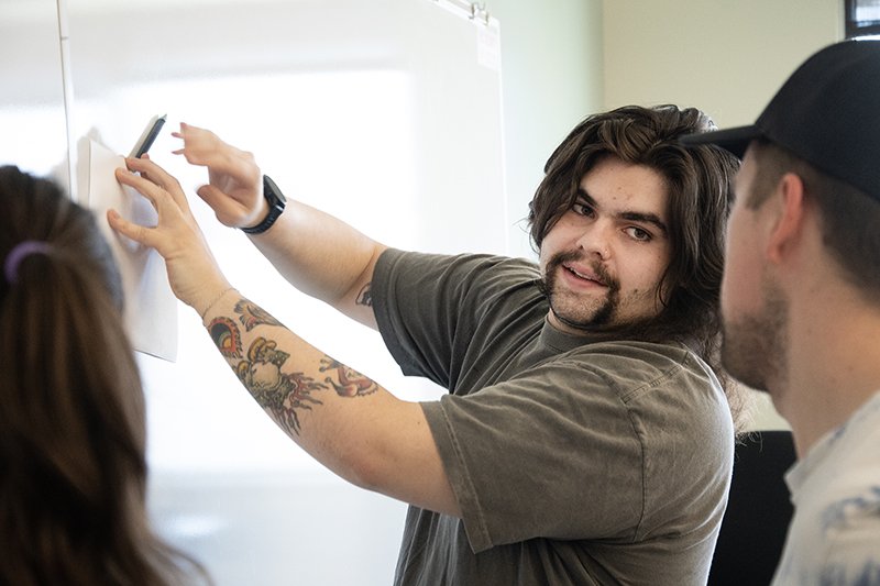 People gathered around a whiteboard