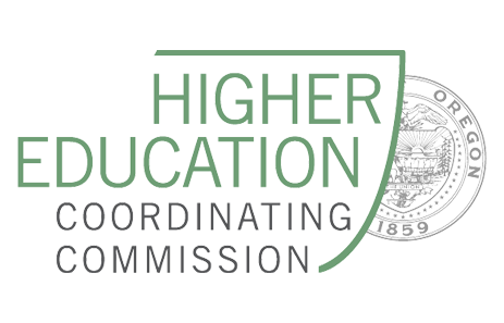Logo for higher education coordinating commission, displayed in a green sans-serif font with the seal of Oregon in the background