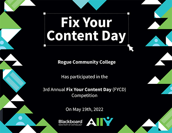 ally certificate of participation in Fix your Content Day Accessibility challenge for RCC
